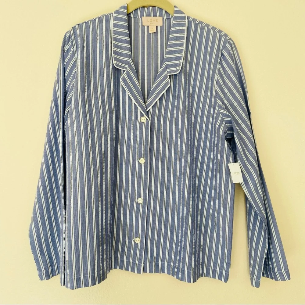 New Love By Gap White Stripe Long Sleeve Notch Button Front Sleepwear Shirt - Picture 6 of 9